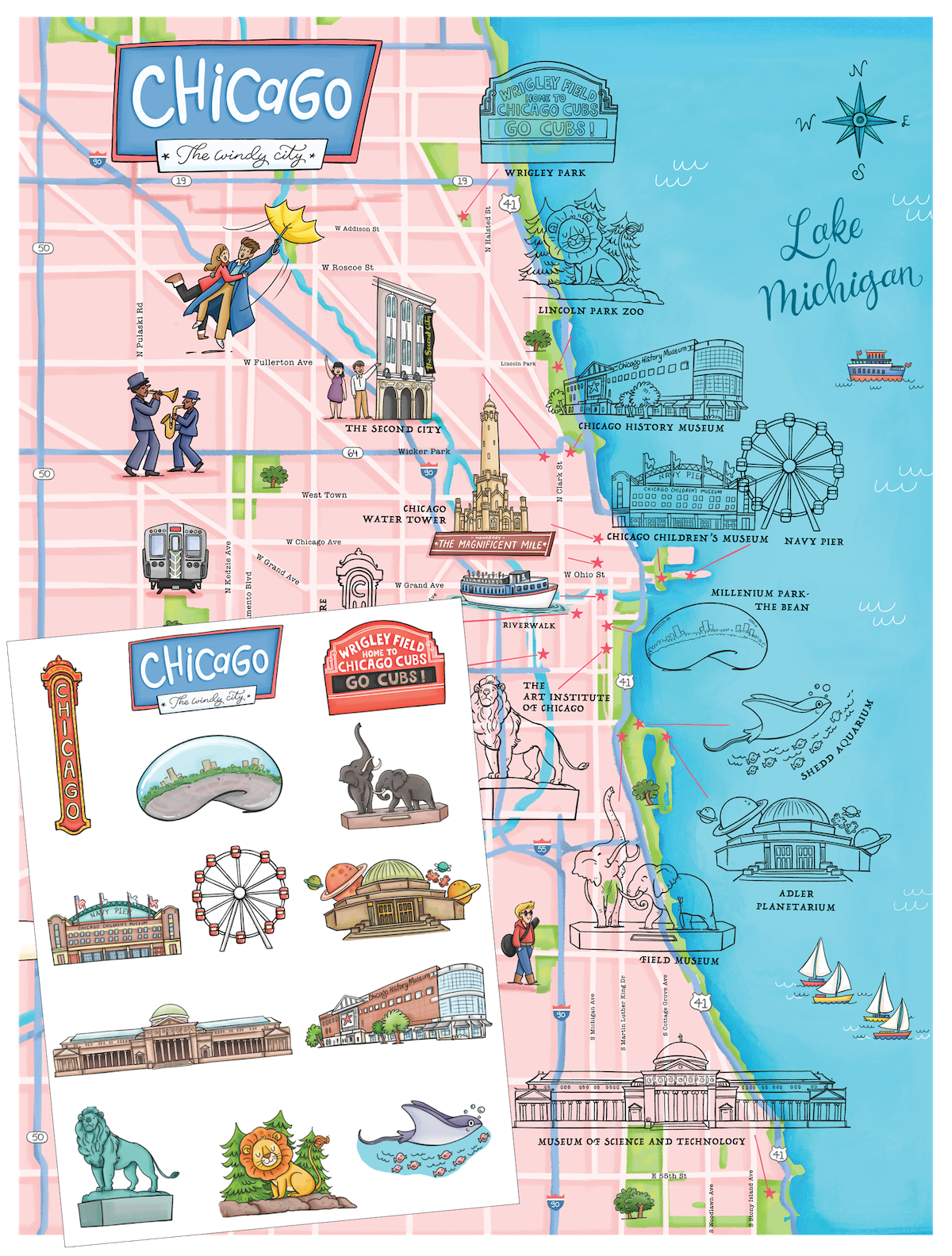 Chicago Sticker Map with Sticker Sheet