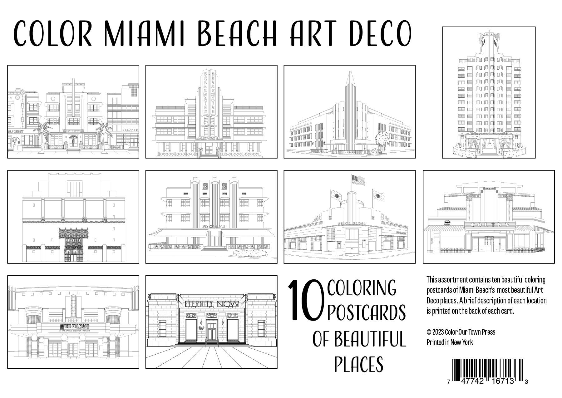 Miami Beach Art Deco Coloring Postcards